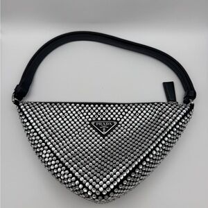PRADA Crystal Embellished Triangle Shoulder Bag Black & Silver Hardware